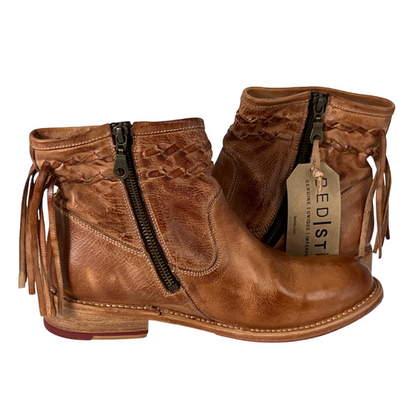 BED STU TAN CRAVEN LEATHER FRINGE WOVEN DETAILS ANKLE BOOTIES BOOTS SZ 8.5 - Picture 5 of 13